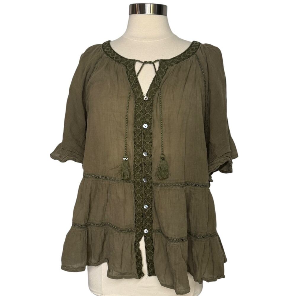 J.Jill Women’s Large Olive Green Boho Peasant Button Front Tiered Blouse